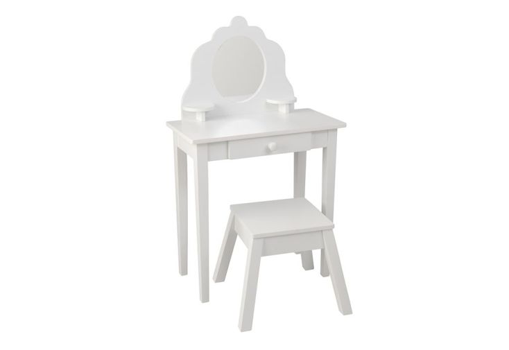 Coiffeuse Vanity pour Enfant et son Tabouret en Bois Peint en Blanc