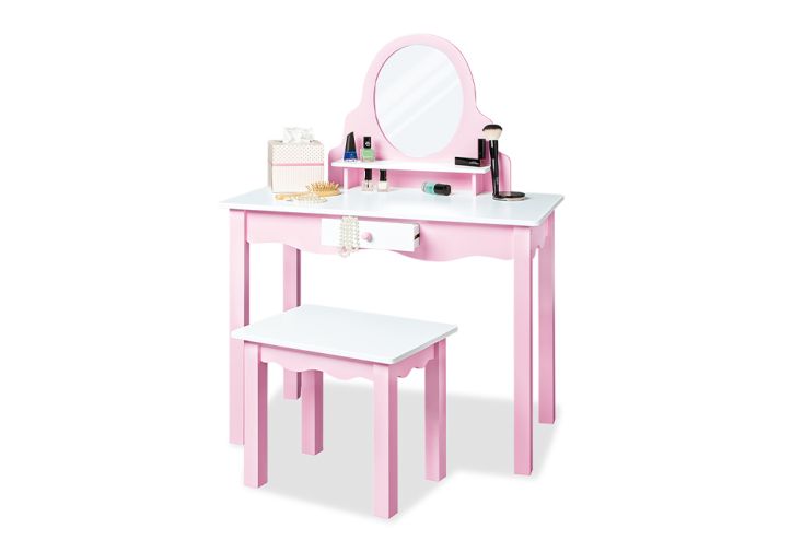 Coiffeuse pour enfants en bois rose et blanc + tabouret – Jasmin