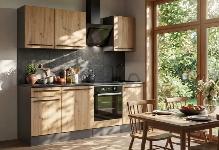 Meubles de cuisine anthracite et chêne naturel - Porto 220 cm 