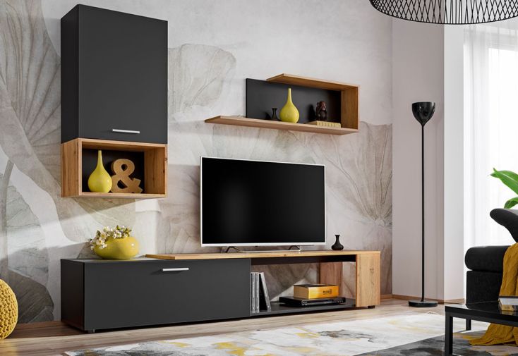 Meubles de salon en bois Maze II : 1 meuble TV, 1 armoire et 1 étagère