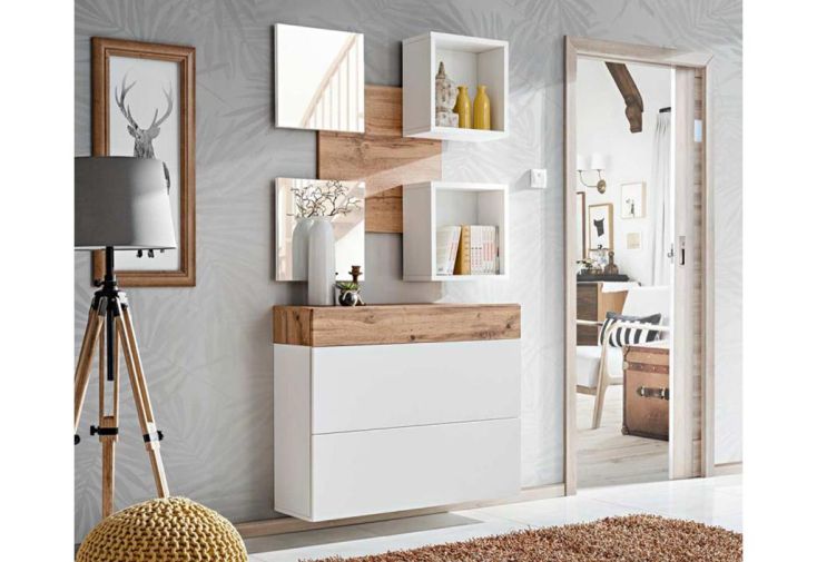Ensemble meuble mural en bois commode + étagères et miroirs Easy V