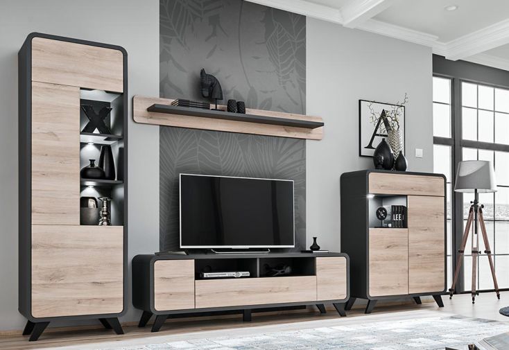 Ensemble meuble TV + armoires en bois avec vitrines Round