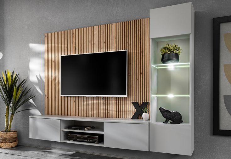 Meuble TV en bois + meuble vitrine et parement mural – Xari