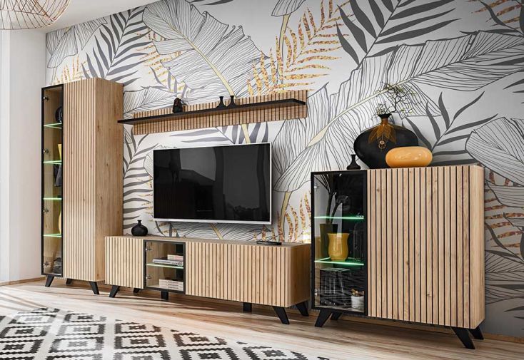 Ensemble meuble TV + armoires en bois avec vitrines – Liam