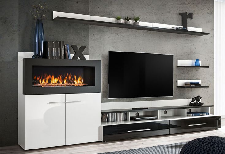 Ensemble meuble TV en bois + cheminée bioéthanol Camino