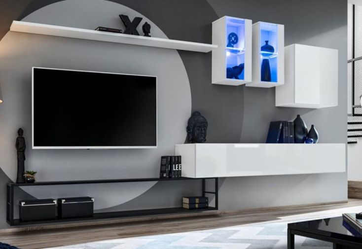 Ensemble meuble TV mural + placards et vitrines Switch