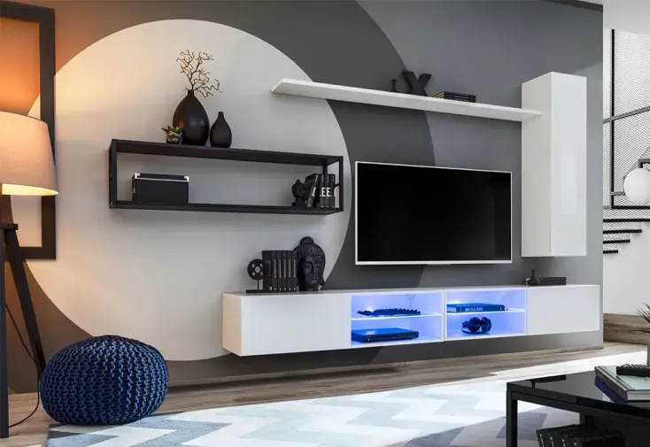 Ensemble meuble TV suspendu blanc bois et métal : étagères et armoire