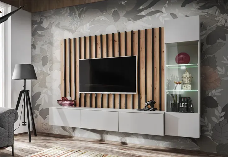 Ensemble meuble TV suspendu bois blanc 180 cm : vitrine, parement
