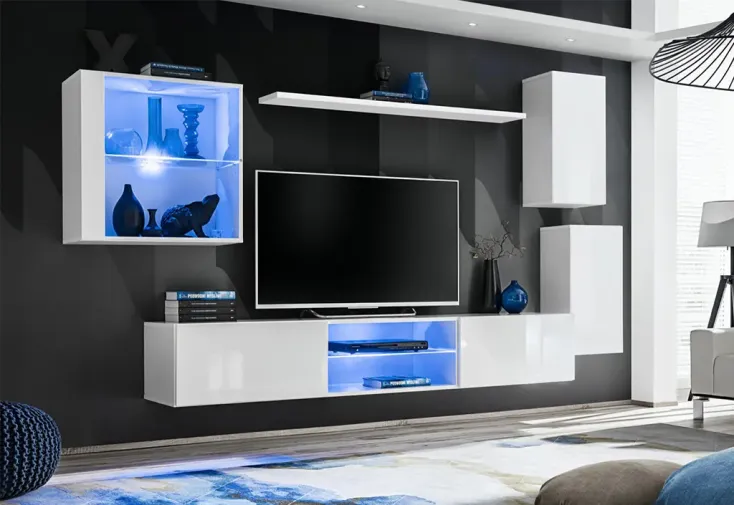 Ensemble meuble TV suspendu en bois blanc : armoires, vitrine et étagère