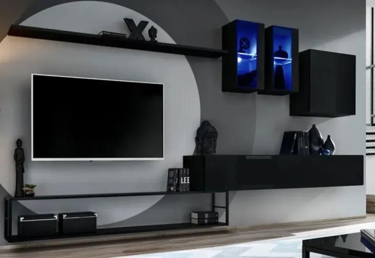 Ensemble meuble TV suspendu noir + placards et vitrines - Switch