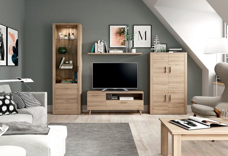 Meubles salon en bois : 2 colonnes, 1 meuble tv, 1 table basse, 1 étagère