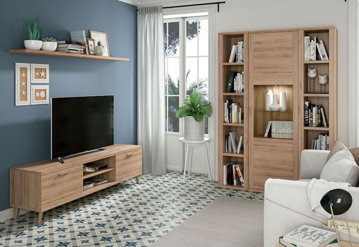 Meubles salon en bois Kronos : 3 étagères, 1 colonne et 1 meuble tv