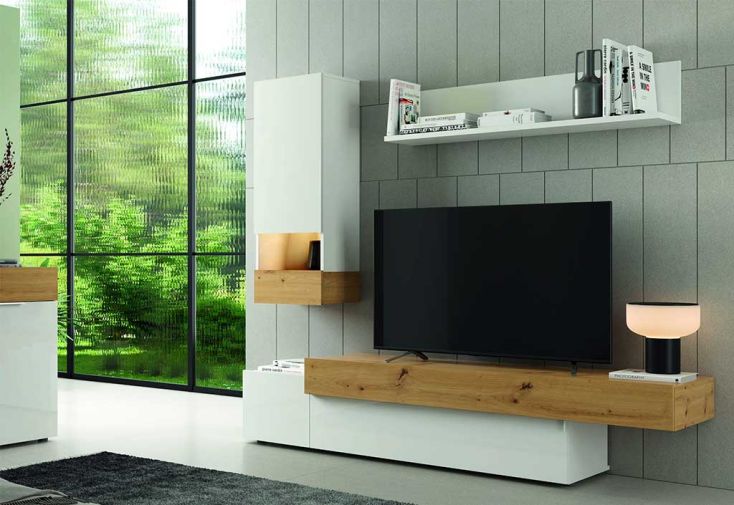 Meubles de salon en bois Aura.2 : 1 meuble TV, 1 vitrine haute et 1 étagère