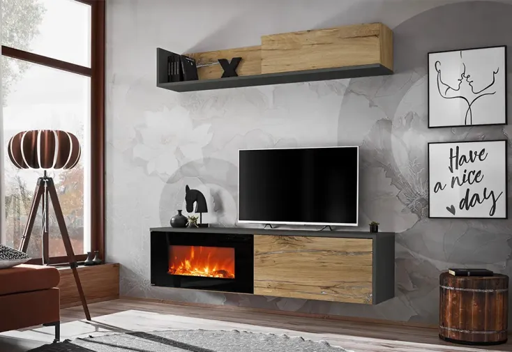 Meuble TV suspendu noir et bois 180 cm : étagère, cheminée - Dallas