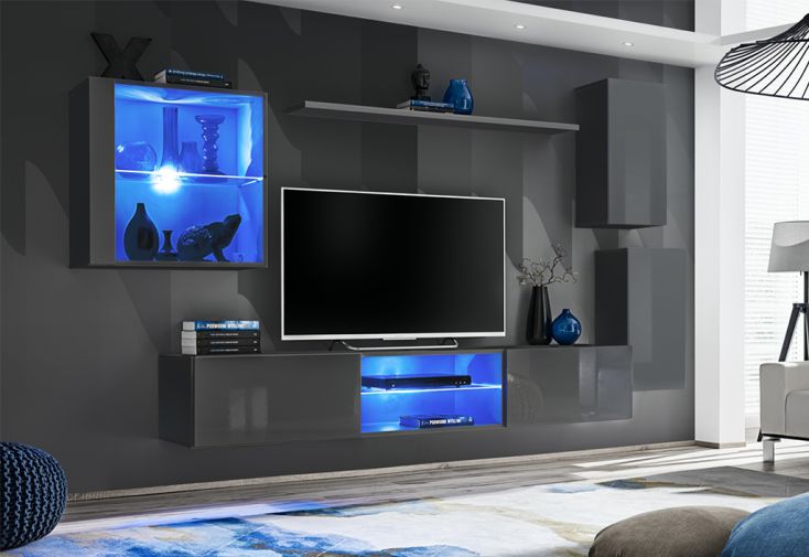 Ensemble meuble TV suspendu en bois : armoires, vitrine et étagère