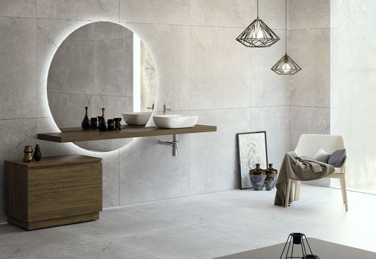 Ensemble meubles de salle de bain : vasque, meuble de rangement, grand miroir LED