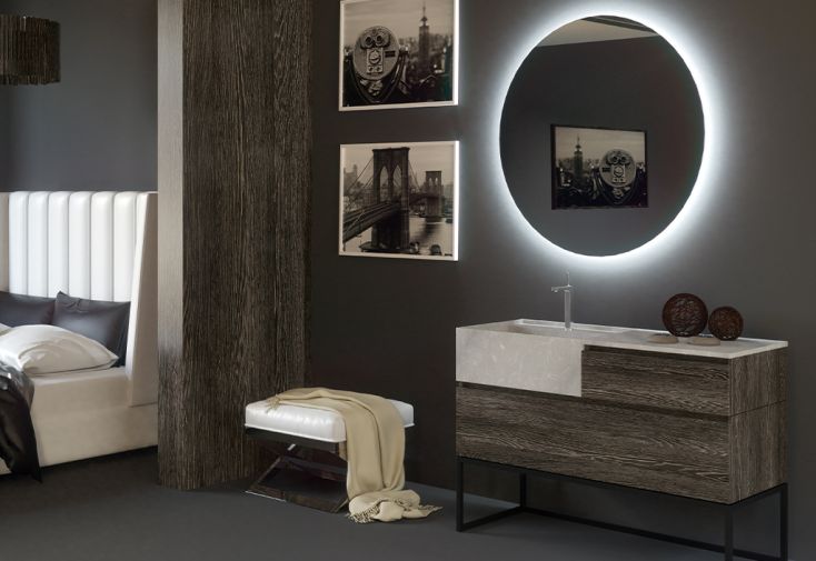 Ensemble meubles de salle de bain : meuble de rangement sur pied, vasque, miroir LED