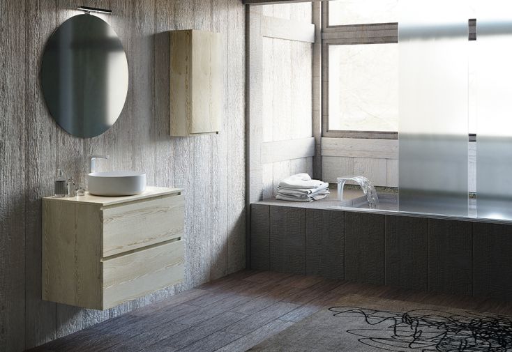 Ensemble meubles de salle de bain : meuble de rangement, vasque, miroir et applique