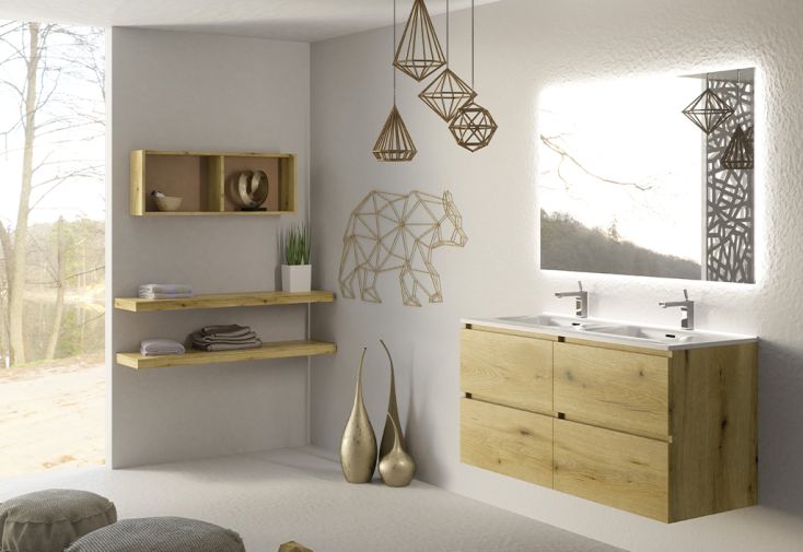 Ensemble meubles de salle de bain : double vasque, meuble de rangement, miroir LED