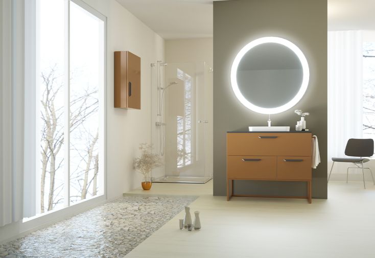 Ensemble meubles de salle de bain : meuble de vasque sur pieds, vasque, miroir LED