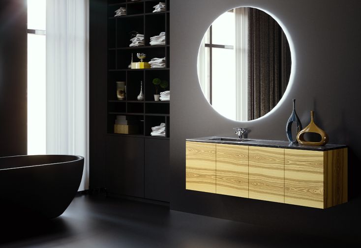 Ensemble meubles de salle de bain : meuble de rangement, vasque encastrable, miroir LED