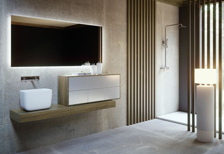 Ensemble meubles de salle de bain : vasque céramique, meuble de rangement, miroir à LED