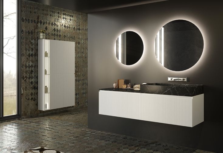 Meuble Salle de Bains 80 cm, Vasque Blanche, Miroir Led et Colonne