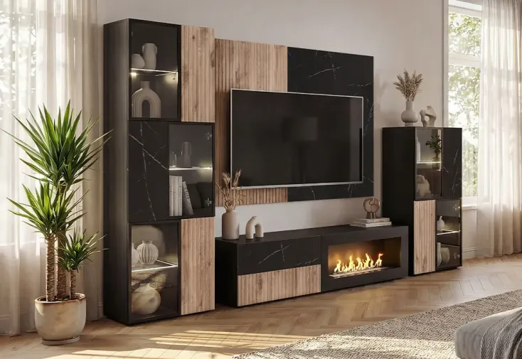 Ensemble salon avec meuble TV et bio-cheminée  - System Cannes 2 RK