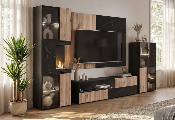 Ensemble salon avec meuble TV et bio-cheminée  - System Cannes 2 WK
