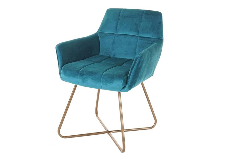 Fauteuil de table en velours et métal bleu pétrole – 60 x 58 x 79 cm