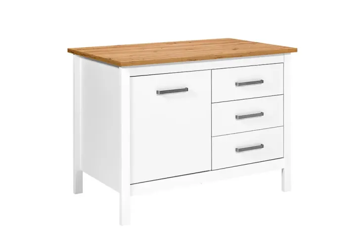 Ilot central cuisine 1 placard et 3 tiroirs 75 x 124 cm - Blanc et bois