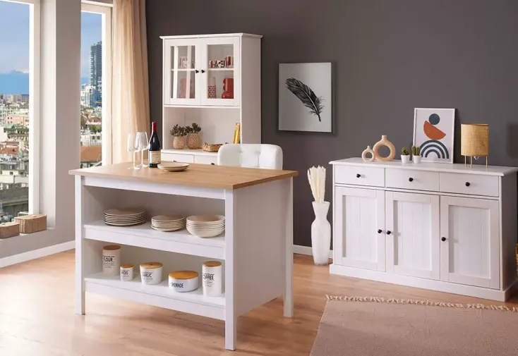 Ilot central cuisine en bois 124 x 75 cm  - Blanc et bois