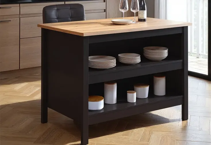 Ilot central cuisine en bois 124 x 75 cm  - Noir et bois