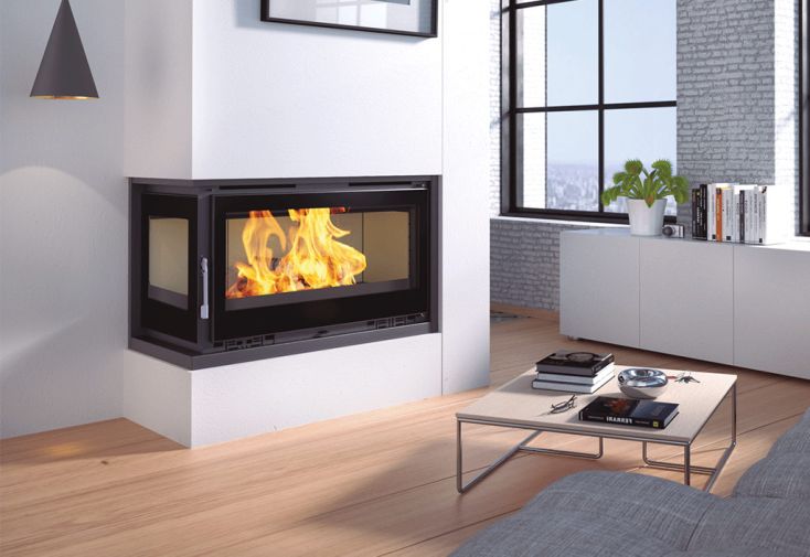 Insert à bois d’angle double combustion + ventilation 13,5 kW – gauche 