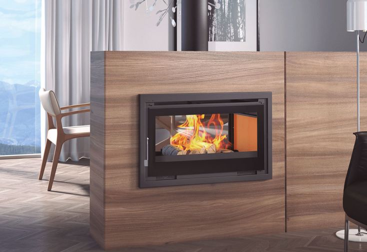 Insert à bois double face double combustion + ventilation - 13,5 kW