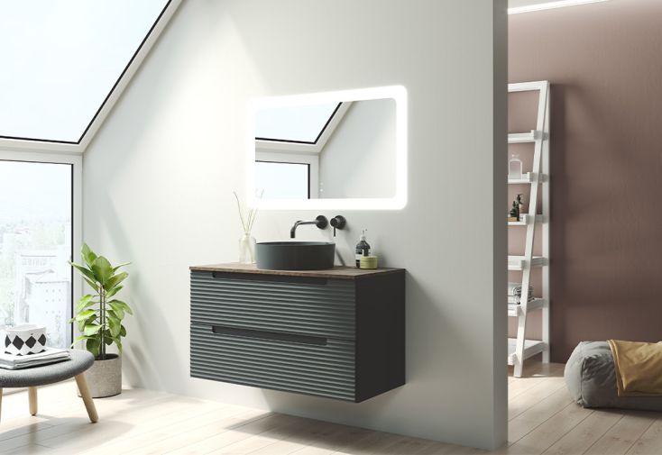 Meuble de salle de bain en bois + vasque et miroir LED 70W