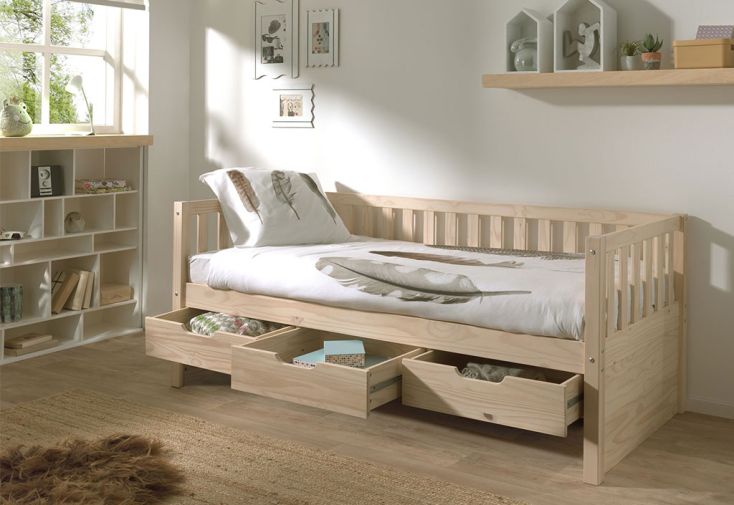 Lit banquette en bois pour enfants avec trois tiroirs - Fritz