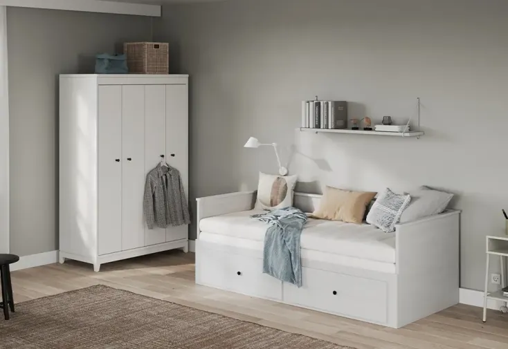 Lit banquette extensible en bois blanc avec tiroirs - 90/180 x 200 cm