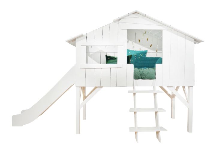 Lit cabane superposé en bois avec toboggan – 90 x 190 cm - Mathy