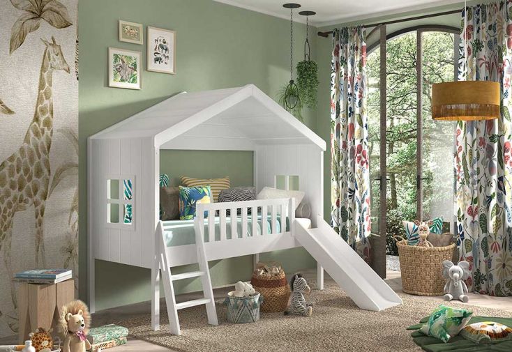 Lit cabane en bois pour enfants avec échelle et toboggan - Housebeds