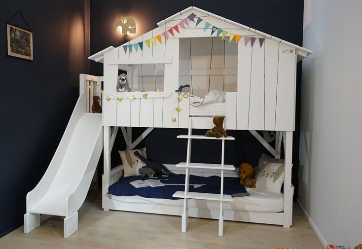 Lit cabane superposé en bois brut avec toboggan – 90 x 190 cm