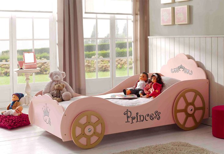 Lit pour Enfant en Bois 90 x 200 cm Carrosse Rose Princesse