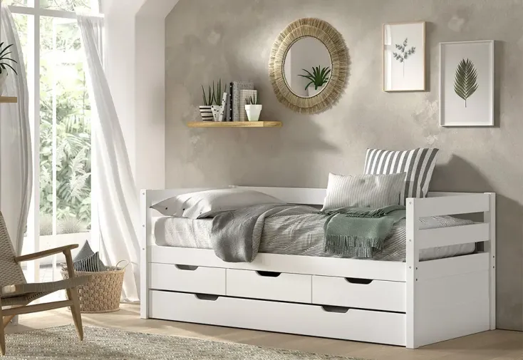 Lit enfant en bois de pin massif 90 x 200 cm blanc – Margrit 4 tiroirs