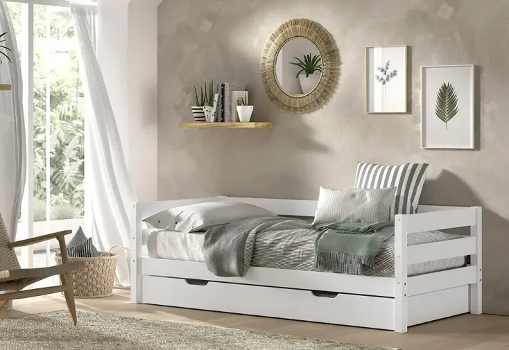 Lit enfant en bois massif 90 x 200 cm et lit gigogne blanc – Margrit 