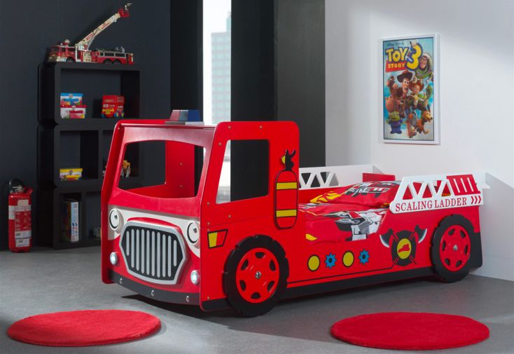 Lit pour Enfant en Bois 90 x 200 cm Camion de Pompier Rouge