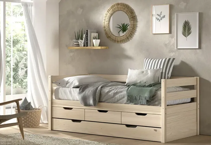 Lit enfant en bois de pin massif 90 x 200 cm – Margrit 4 tiroirs