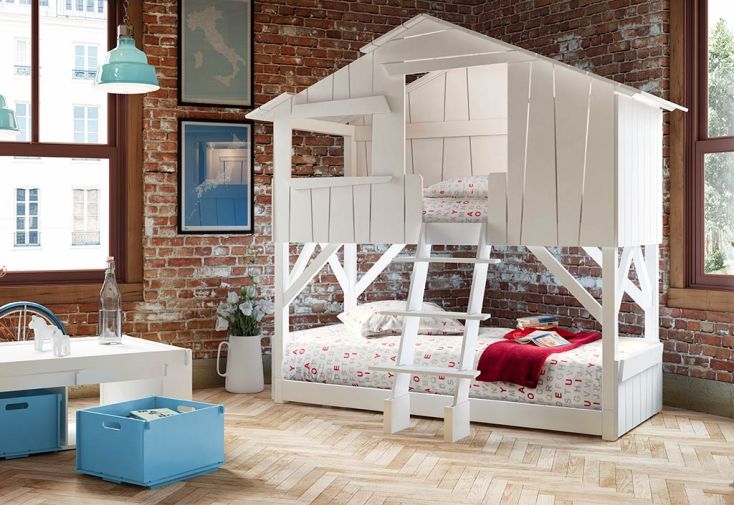 Lit cabane superposé en bois brut avec toboggan – 90 x 190 cm