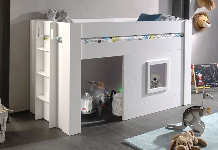 Lit Enfant Mezzanine Cabane en Bois Blanc Noah 90 x 200 cm