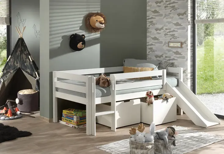 Lit enfant mi-hauteur + tiroirs et toboggan Pino blanc 