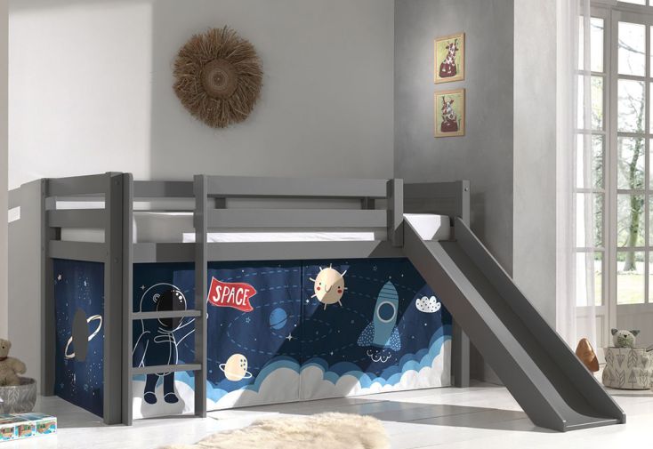 Lit pour enfant en bois avec toboggan et rideau de jeu Pino 90 x 200 cm